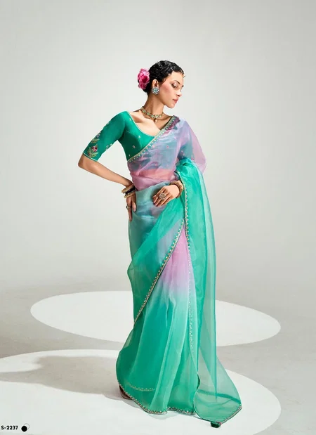 Mint Green Colour Runway X Rangrez By Kimora Organza Tissue With Heavy Work Designer Saree S-2237